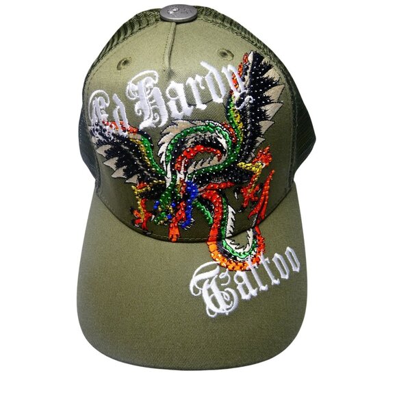 Ed Hardy Rhinestone Dragon Tattoo Olive Green Baseball Cap - One Size Fits All